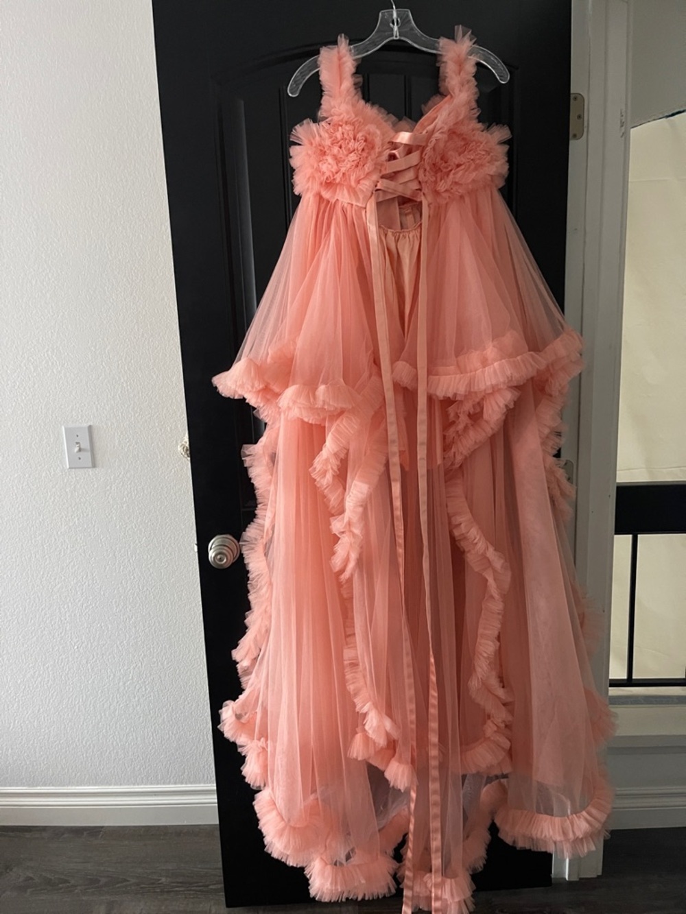 Peach Tulle Maternity Gown S /M Baby Shower Photoshoot Dress Ruffle Lace Up Back - Picture 10 of 10